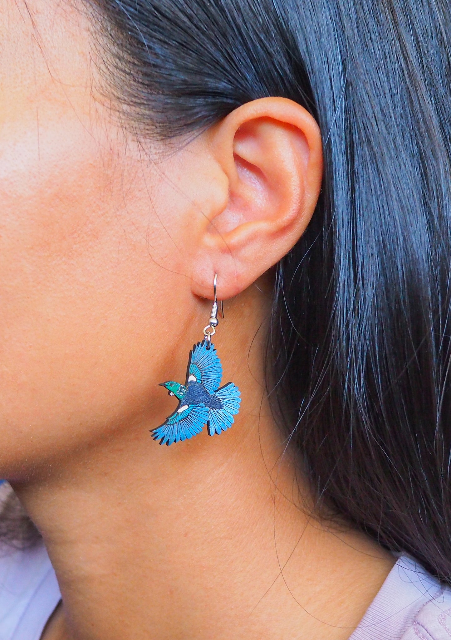 Flying Tui (Kōkō) Wooden Rimu Earrings
