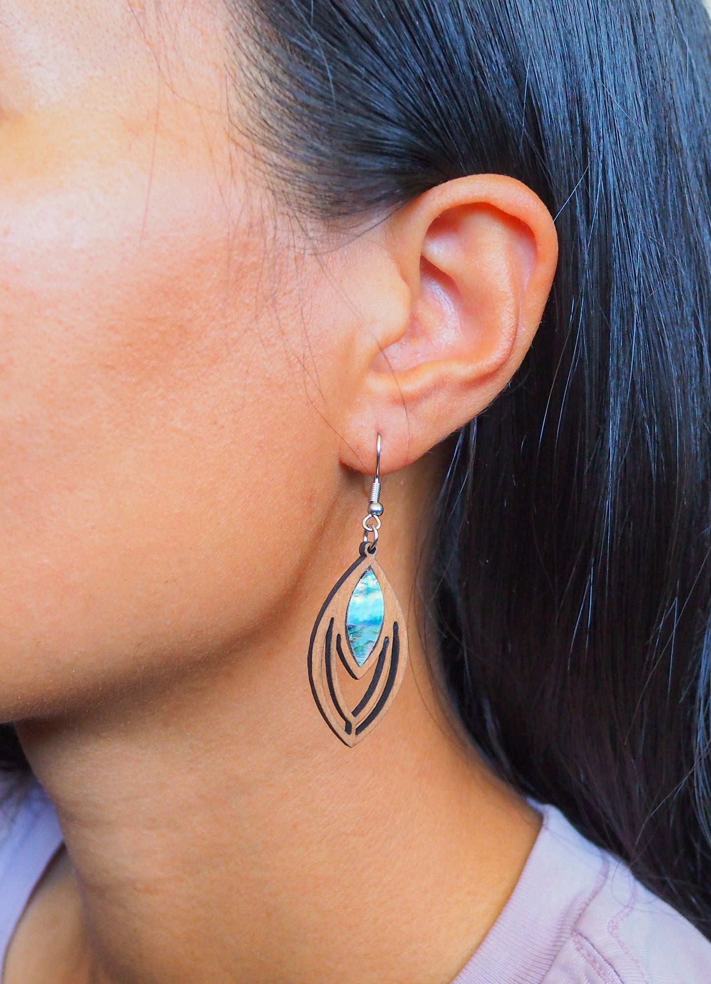 Paua Shell Wooden Rimu Earrings
