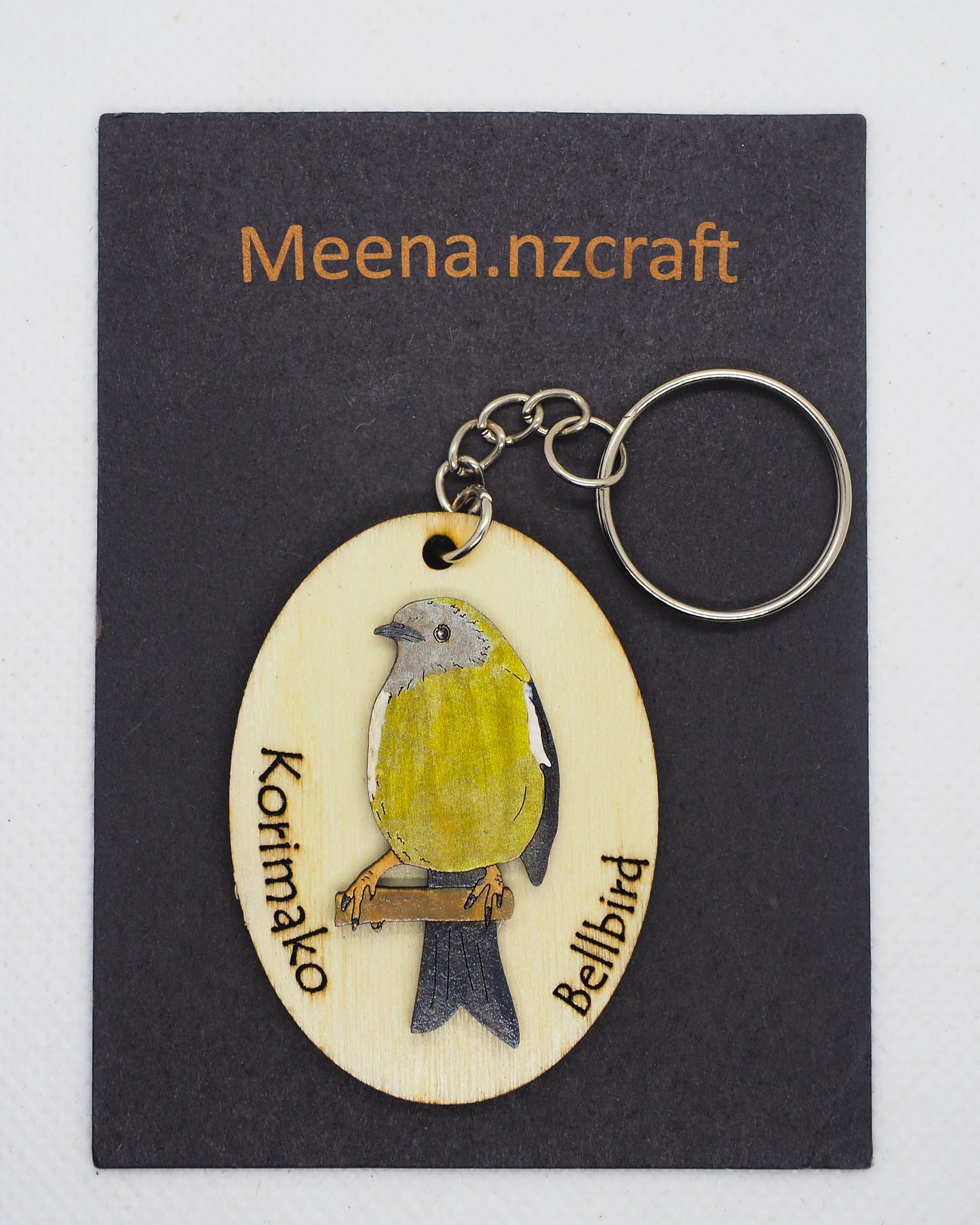 Bell Bird (Korimako) Wooden Rimu Keychain