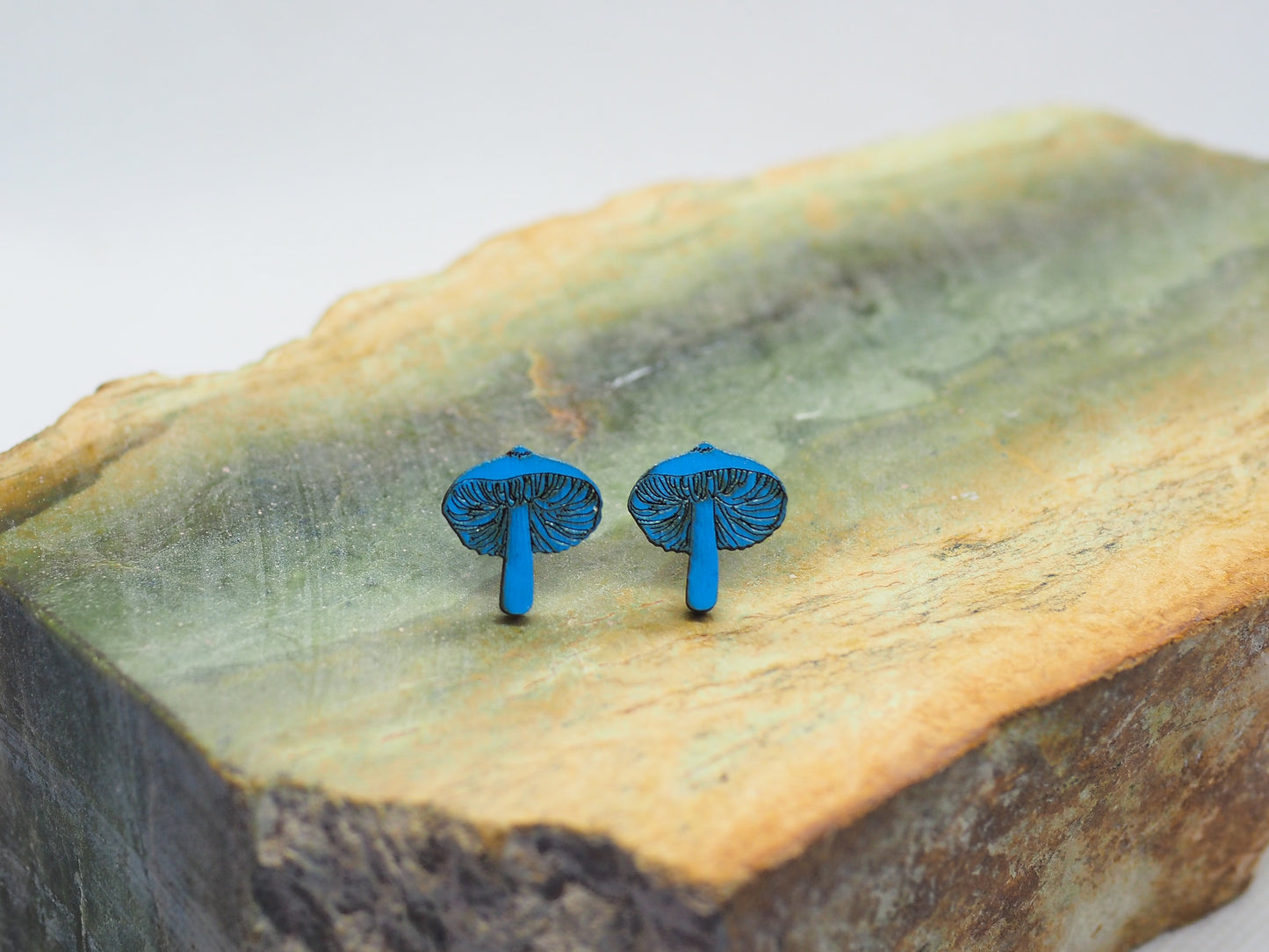 Blue Mushroom (Werewere-kokako) Wooden Rimu Stud Earrings