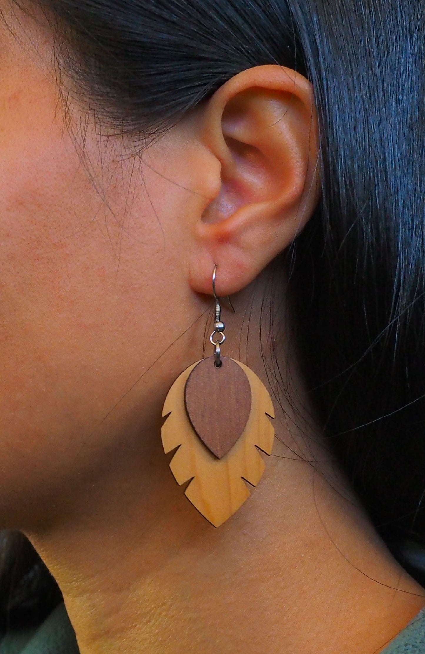 Double Leaf Crafted Wooden Earrings