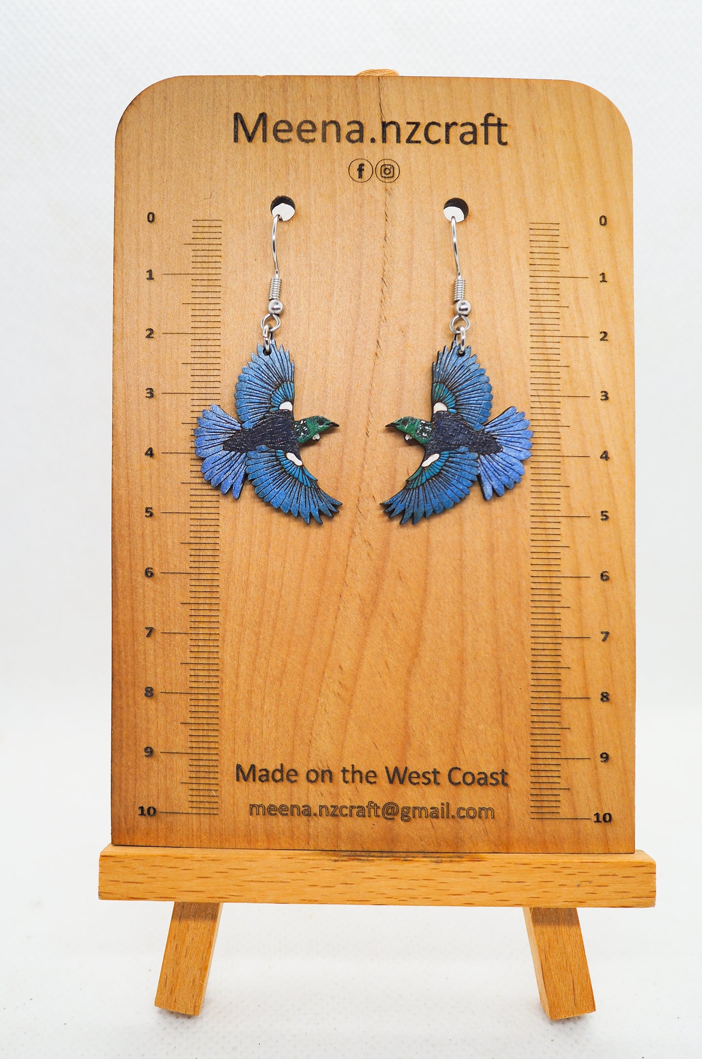 Flying Tui (Kōkō) Wooden Rimu Earrings