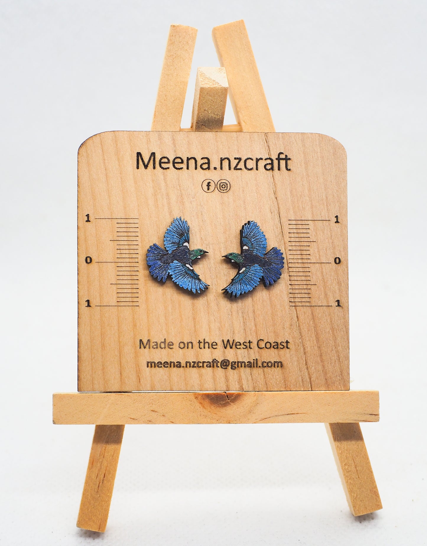 Flying Tui (Kōkō) Wooden Rimu Stud Earrings