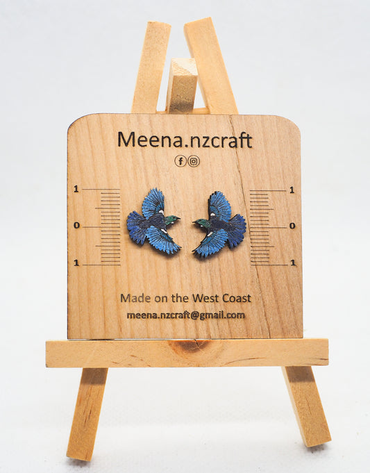 Flying Tui (Kōkō) Wooden Rimu Stud Earrings