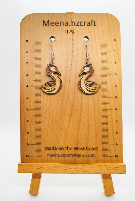 Great Crested Grebe (Pūteketeke) Wooden Rimu Earrings