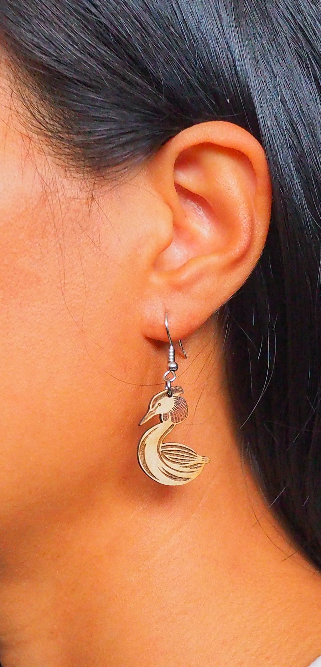 Great Crested Grebe (Pūteketeke) Wooden Rimu Earrings