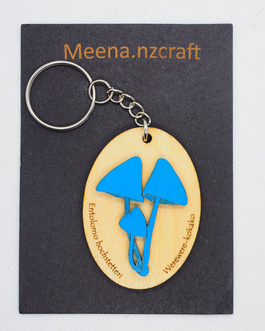 Blue Mushroom (Werewere-kokako) Wooden Rimu Keychain
