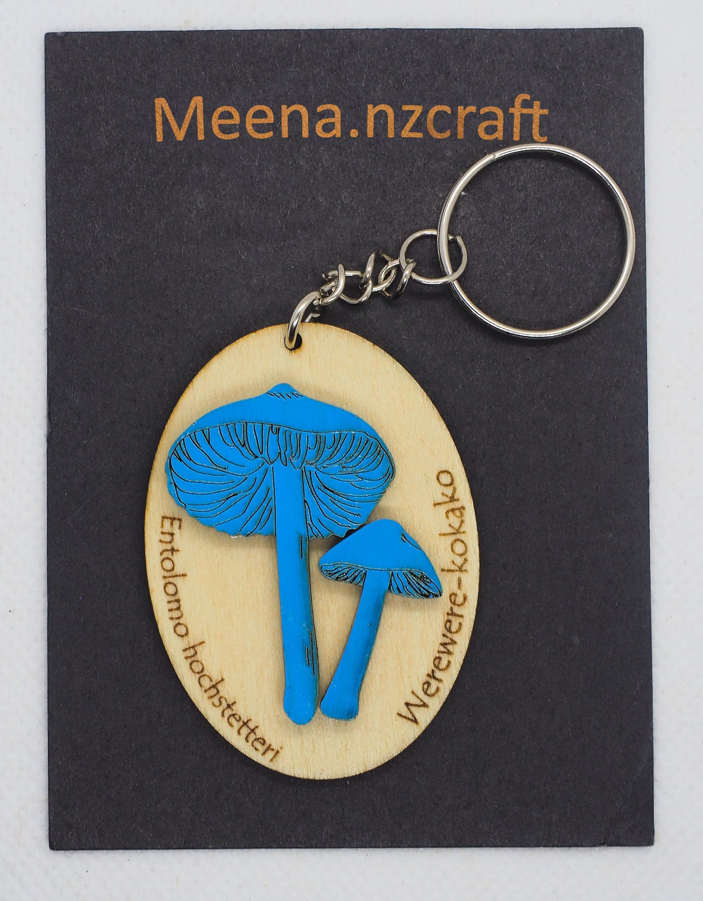 Blue Mushroom (Werewere-kokako) #2 Wooden Rimu Keychain