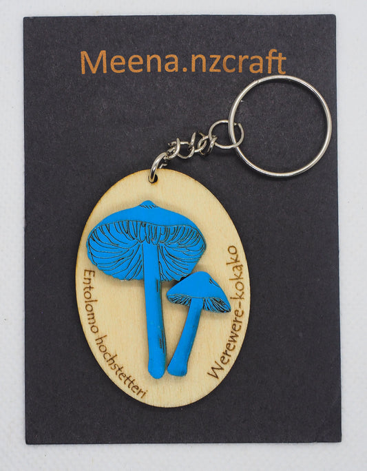 Blue Mushroom (Werewere-kokako) #2 Wooden Rimu Keychain