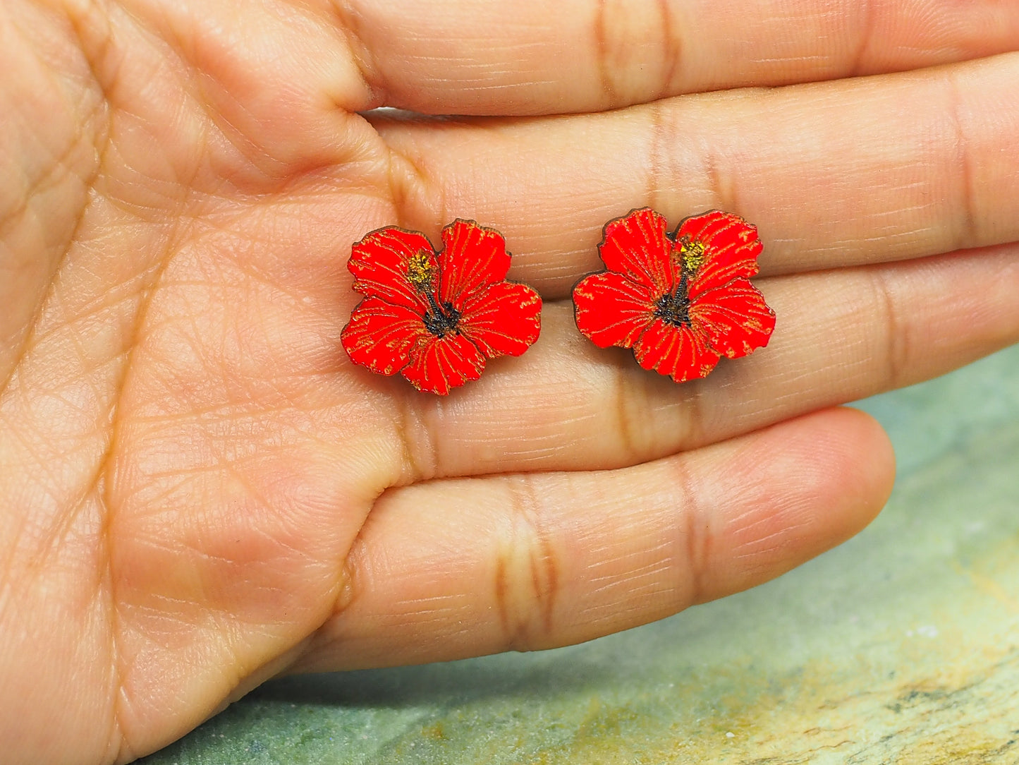 Hibiscus Wooden Rimu Stud Earrings