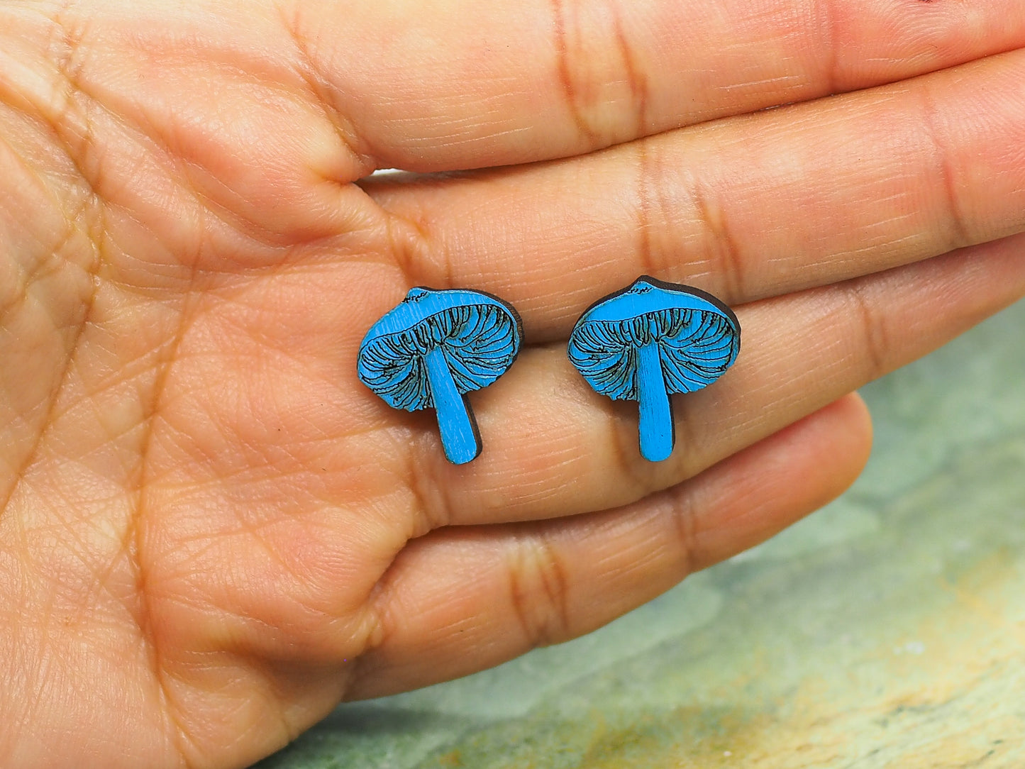 Blue Mushroom (Werewere-kokako) Wooden Rimu Stud Earrings
