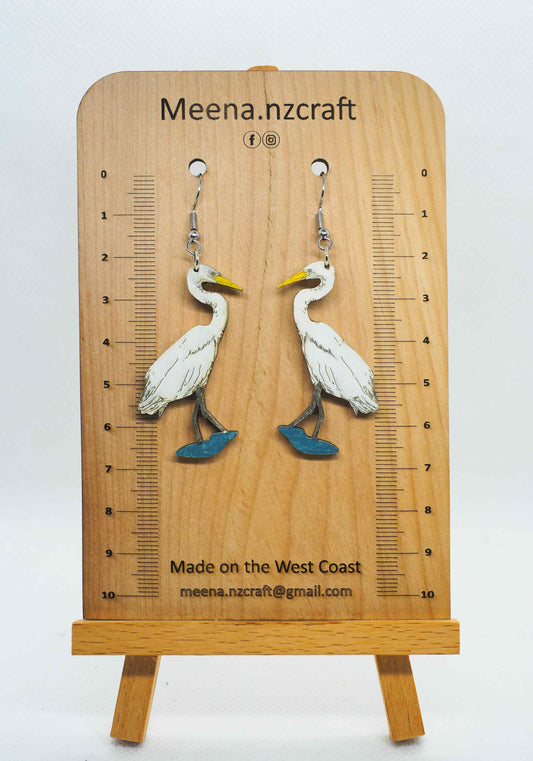 White heron (Kōtuku) Wooden Rimu Earrings