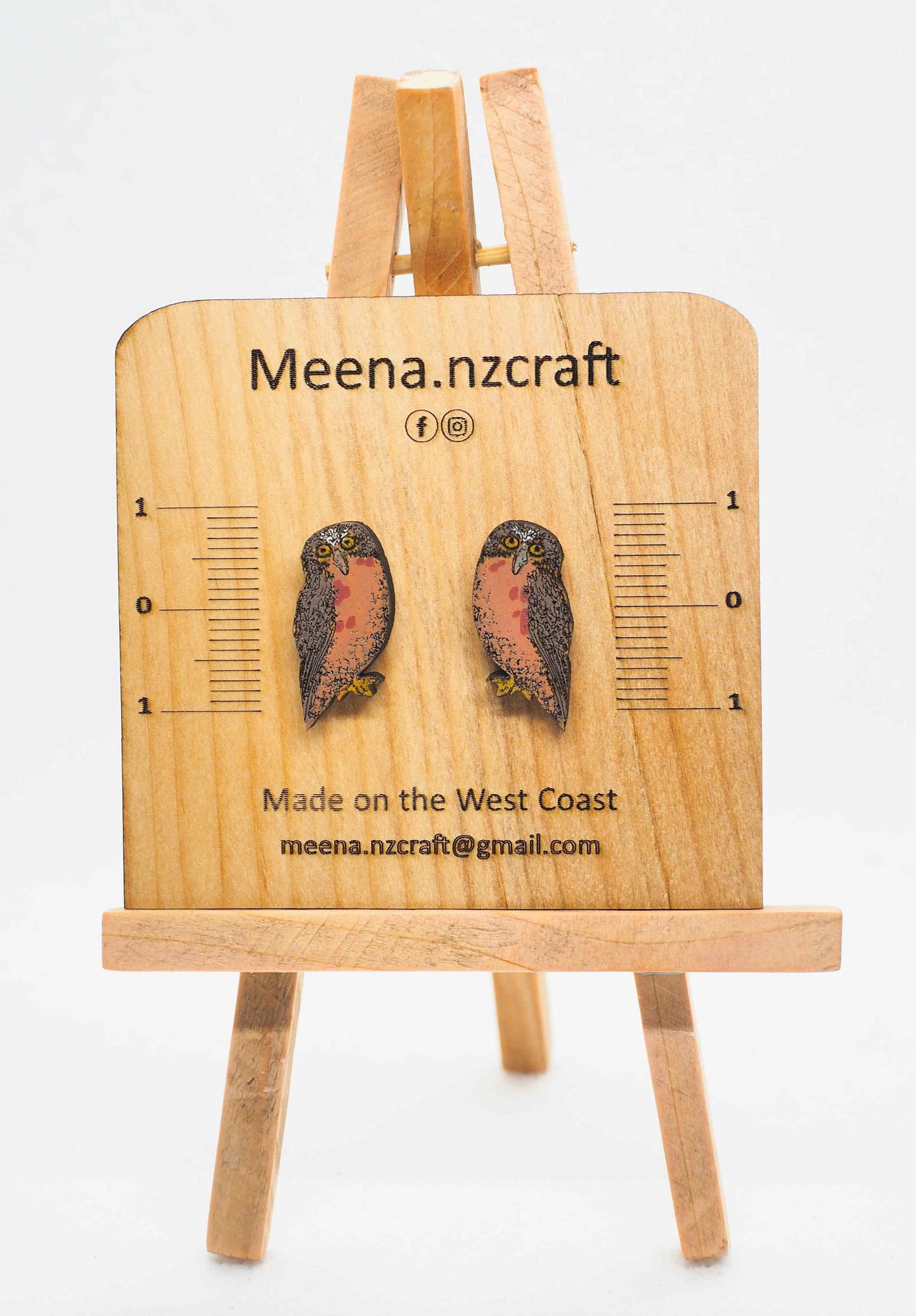 Morepork (Ruru) Wooden Rimu Stud Earrings