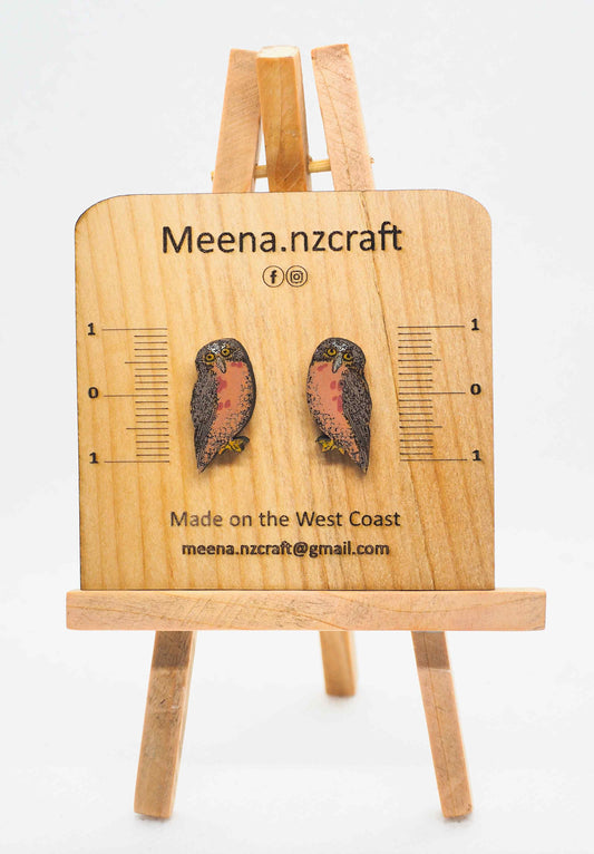 Morepork (Ruru) Wooden Rimu Stud Earrings