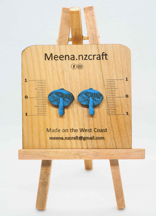 Blue Mushroom (Werewere-kokako) Wooden Rimu Stud Earrings