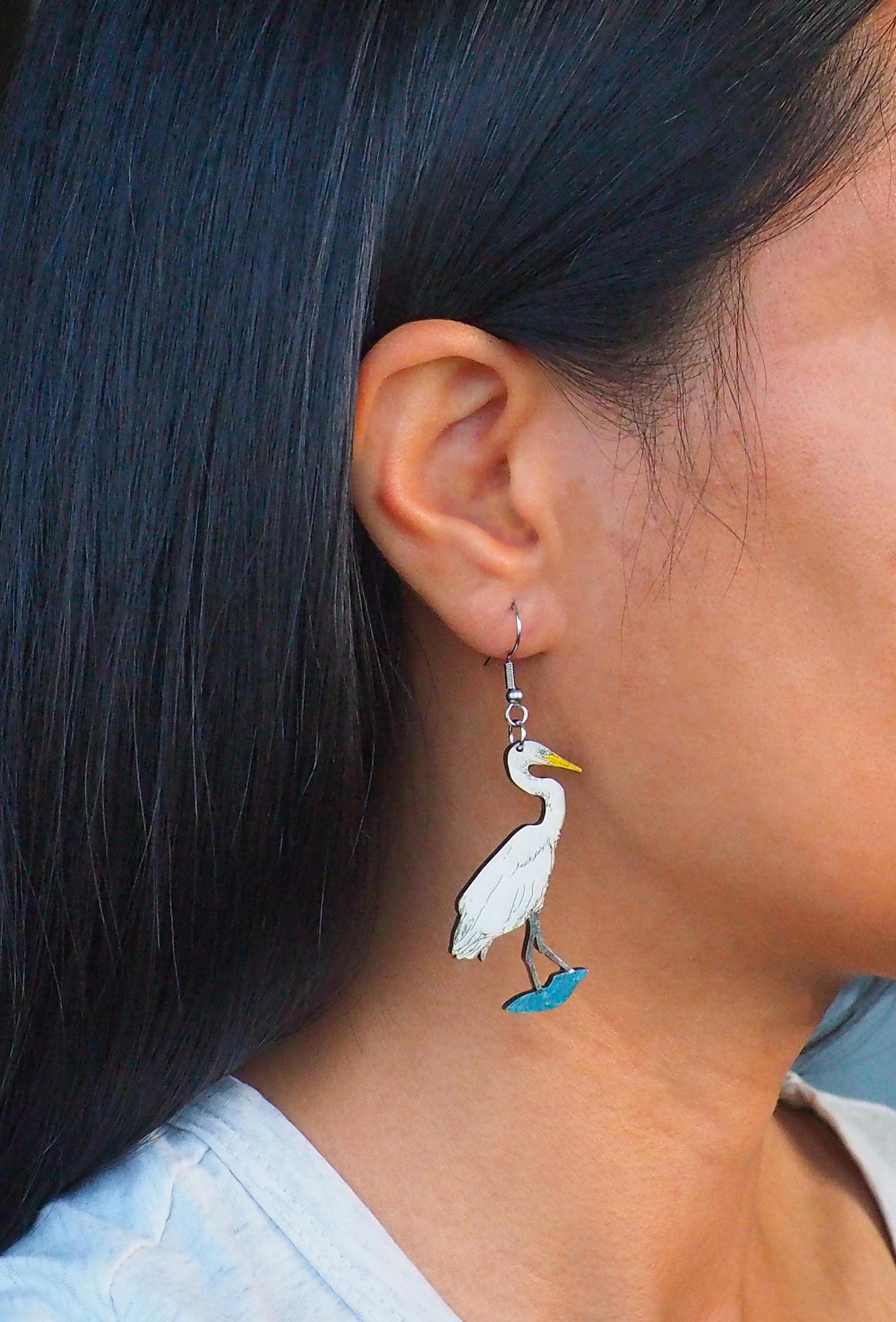 White heron (Kōtuku) Wooden Rimu Earrings