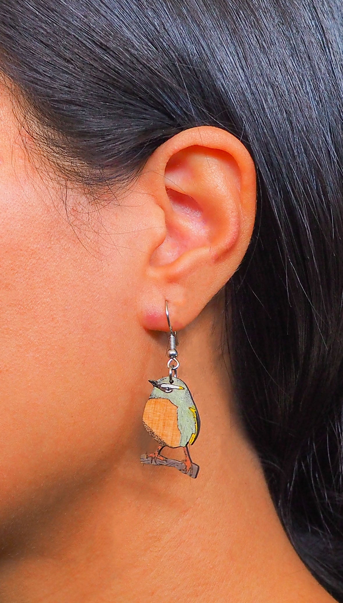 Rock wren (Pīwauwau) Wooden Rimu Earrings