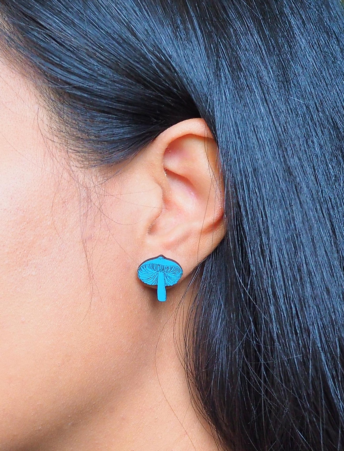 Blue Mushroom (Werewere-kokako) Wooden Rimu Stud Earrings