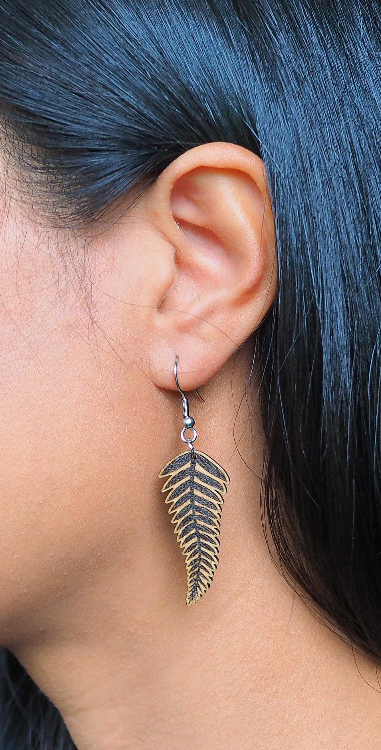 Silver Fern Leaf Wooden Rimu Earrings