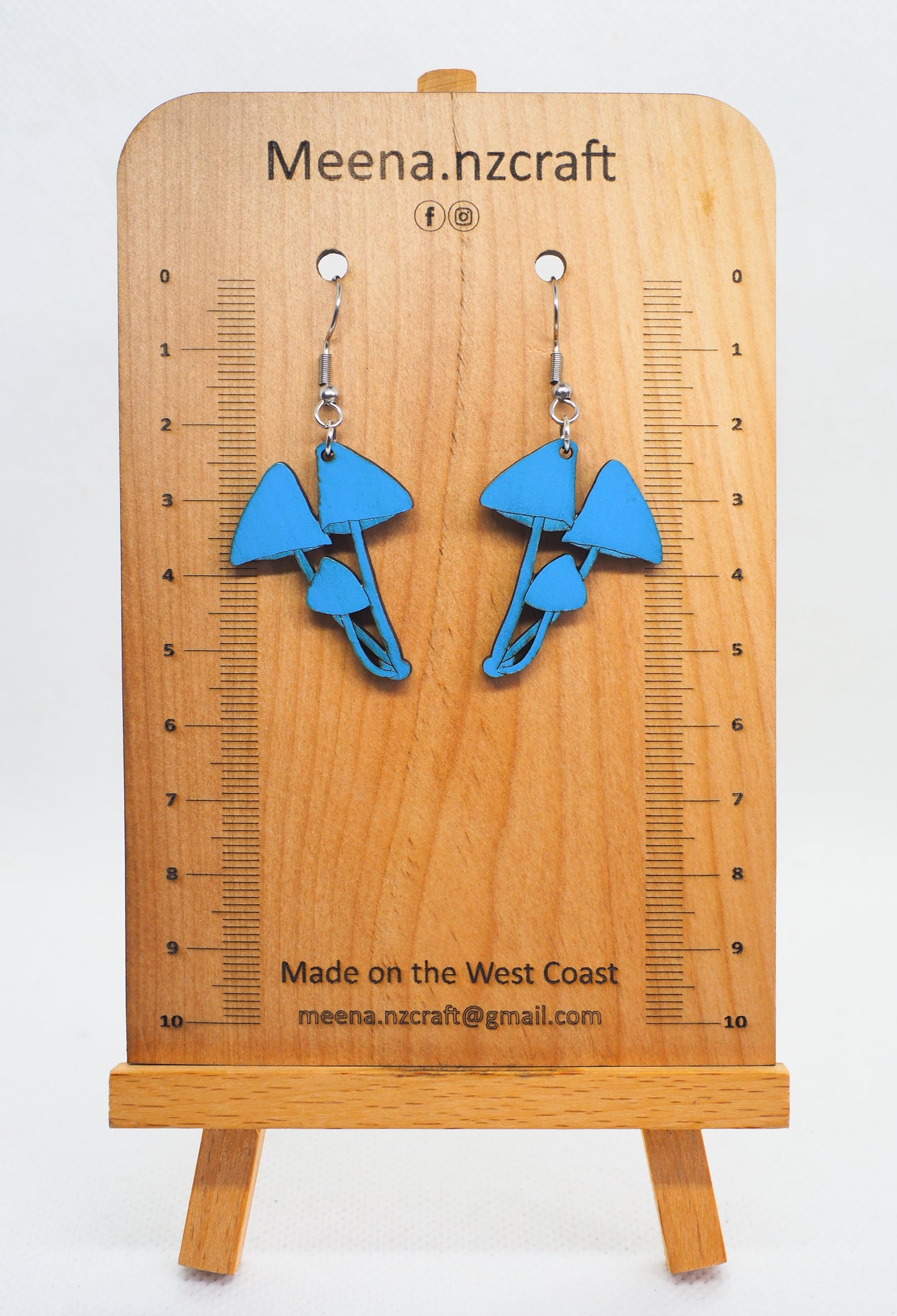 Blue Mushroom (Werewere-kokako) Wooden Rimu Earrings