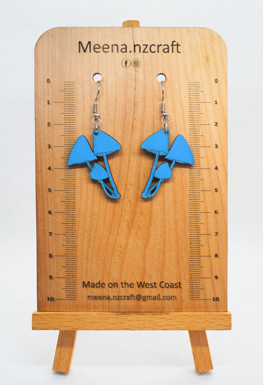 Blue Mushroom (Werewere-kokako) Wooden Rimu Earrings