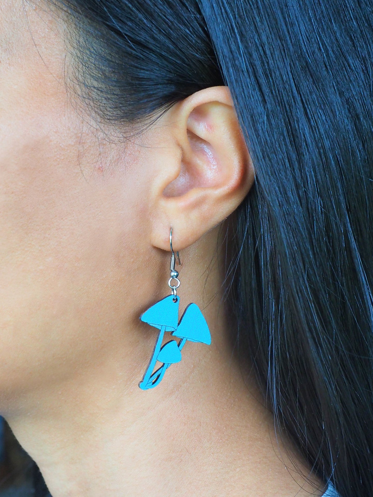 Blue Mushroom (Werewere-kokako) Wooden Rimu Earrings